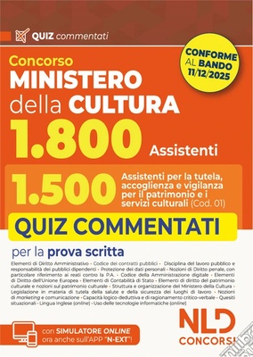Concorso Ministero della Cultura 1800 posti. Profilo 1.500 assistenti per la tutela, accoglienza e vigilanza per il patrimonio e i servizi culturali (Cod. 01). Quiz commentati per la prova scritta. Con espansione online